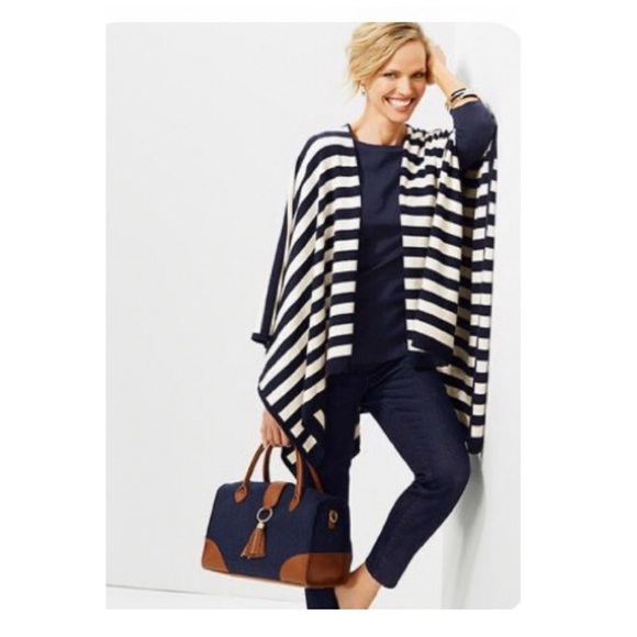 Sweaters - NWT • TALBOTS • Striped Navy & White Knit Wrap Ruana Scarf Sweater
